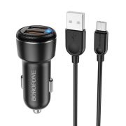 Адаптер Автомобильный с кабелем Micro USB - Borofone BZ17, 2USB/3A/QC3.0 чёрный