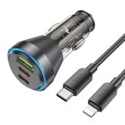 Адаптер Автомобильный с кабелем Lightning/Type-C - Hoco NZ12D, 1USB/2USB-C/QC3.0/PD60W чёрный