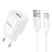 Адаптер Сетевой с кабелем Type-C/USB - Hoco C145A, 1USB/3A/QC3.0 белый
