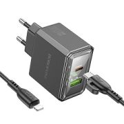 Адаптер Сетевой с кабелем Lightning/Type-C - Borofone BAS32A, 1USB/1USB-C/QC3.0/PD30W чёрный