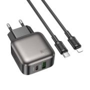 Адаптер Сетевой с кабелем Lightning/Type-C - Borofone BAS54A, 1USB/1USB-C/QC3.0/PD20W чёрный