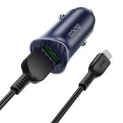 Адаптер Автомобильный с кабелем Micro USB - Hoco Z39, 2USB/3A/QC3.0 синий