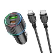 Адаптер Автомобильный с кабелем Lightning/Type-C - Borofone BZ21, 1USB/1USB-C/QC3.0/PD48W чёрный