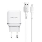 Адаптер Сетевой с кабелем Micro USB - Borofone BA25A, 2USB/2.1A белый