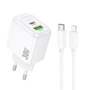 Адаптер Сетевой с кабелем Lightning/Type-C - Hoco CS55A, 1USB/1USB-C/QC3.0/PD30W белый
