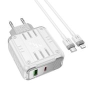 Адаптер Сетевой с кабелем Lightning/Type-C - Hoco C138A, 1USB/1USB-C/QC3.0/PD65W белый