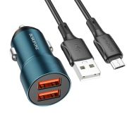 Адаптер Автомобильный с кабелем Micro USB - Borofone BZ19B, 2USB/3A/QC3.0 синий