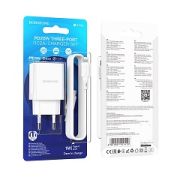 Адаптер Сетевой с кабелем Lightning/Type-C - Borofone BA70A, 2USB/1USB-C/QC3.0/PD20W белый