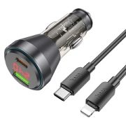 Адаптер Автомобильный с кабелем Lightning/Type-C - Hoco NZ12B, 1USB/1USB-C/QC3.0/PD48W чёрный
