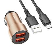 Адаптер Автомобильный с кабелем Micro USB - Borofone BZ19B, 2USB/3A/QC3.0  золотистый
