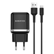 Адаптер Сетевой с кабелем Type-C/USB - Borofone BA36A, 1USB/3A/QC3.0 чёрный