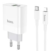 Адаптер Сетевой с кабелем Lightning/Type-C - Hoco C80A, 1USB/1USB-C/QC3.0/PD18W белый