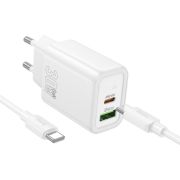 Адаптер Сетевой с кабелем Type-C/Type-C - Hoco N63, 1USB/1USB-C/QC3.0/PD30W белый