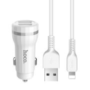 Адаптер Автомобильный с кабелем Lightning/USB - Hoco Z27, 2USB/2.4A белый