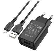 Адаптер Сетевой с кабелем Lightning/USB - Borofone BA68A, 1USB/2.1A чёрный