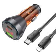 Адаптер Автомобильный с кабелем Lightning/Type-C - Hoco NZ12B, 1USB/1USB-C/QC3.0/PD48W оранжевый