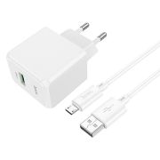 Адаптер Сетевой с кабелем Micro USB - Hoco CS12A, 1USB/3A/QC3.0/18W белый