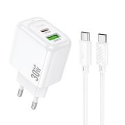 Адаптер Сетевой с кабелем Type-C/Type-C - Hoco CS55A, 1USB/3USB-C/QC3.0/PD30W белый