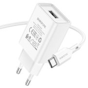 Адаптер Сетевой с кабелем Type-C/USB - Borofone BA68A, 2USB/2.1A белый