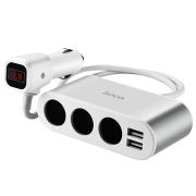Разветвитель в прикуриватель авто - Hoco Z13, 3 гнезда/2USB серебристый
