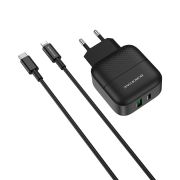 Адаптер Сетевой с кабелем Lightning/Type-C - Borofone BA46A, 1USB/1USB-C/QC3.0/PD18W чёрный