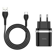 Адаптер Сетевой с кабелем Type-C/USB - Hoco C12Q, 1USB/3A/QC3.0/18W чёрный