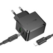 Адаптер Сетевой с кабелем Lightning/Type-C - Borofone BAS61A, 1USB/1USB-C/QC3.0/PD30W чёрный