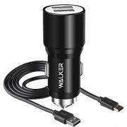 Адаптер Автомобильный с кабелем Type-C/USB -  Walker WCR-21, 2USB/2.4A/12W чёрный