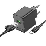 Адаптер Сетевой с кабелем Type-C/USB - Borofone BAS12A, 1USB/3A/QC3.0/18W чёрный