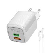 Адаптер Сетевой с кабелем Type-C/Type-C - Walker WH-73 GaN, 1USB/1USB-C/QC3.0/PD45W белый