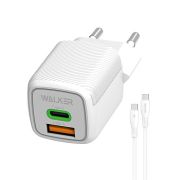 Адаптер Сетевой с кабелем Type-C/Type-C - Walker WH-71 GaN, 1USB/1USB-C/QC3.0/PD33W белый