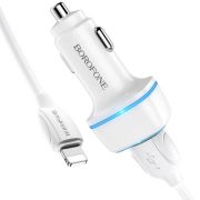 Адаптер Автомобильный с кабелем Lightning/USB - Borofone BZ14, 2USB/2.4A белый