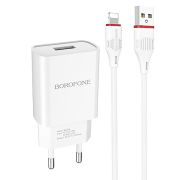 Адаптер Сетевой с кабелем Lightning/USB - Borofone BA20A, 1USB/2.1A белый