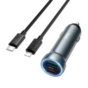 Адаптер Автомобильный с кабелем Lightning/Type-C - Hoco Z54A, 1USB/1USB-C/QC3.0/PD30W серый
