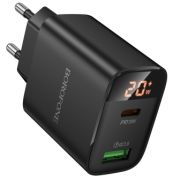 Адаптер Сетевой - Borofone BA96A, 1USB/1USB-C/QC3.0/PD20W с дисплеем чёрный