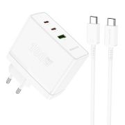 Адаптер Сетевой с кабелем Type-C/Type-C - Borofone BN11, 1USB/2USB-C/QC3.0/PD100W белый