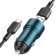 Адаптер Автомобильный с кабелем Type-C/USB - Borofone BZ19A, 1USB/3A/QC3.0  синий