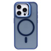 Чехол iPh 15 Pro пластик матовый комбинированный с экожей и SafeMag синий