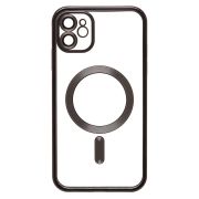 Чехол iPh 11 пластик прозрачный с защитными линзами на камере и SafeMag чёрный