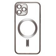 Чехол iPh 12 Pro пластик прозрачный с защитными линзами на камере и SafeMag серебристый