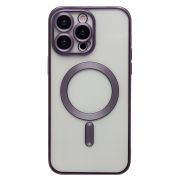 Чехол iPh 14 Pro Max пластик прозрачный с защитными линзами на камере и SafeMag фиолетовый