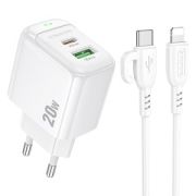 Адаптер Сетевой с кабелем Lightning/Type-C - Borofone BAS44A, 1USB/1USB-C/QC3.0/PD20W белый