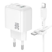 Адаптер Сетевой с кабелем Lightning/Type-C - Borofone BAS45A, 1USB/1USB-C/QC3.0/PD30W белый