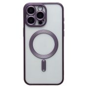 Чехол iPh 15 Pro Max пластик прозрачный с защитными линзами на камере и SafeMag фиолетовый