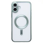 Чехол iPh 16 Plus пластик прозрачный с защитными линзами на камере и SafeMag зелёный