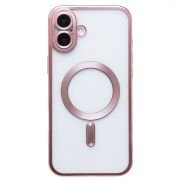 Чехол iPh 16 Plus пластик прозрачный с защитными линзами на камере и SafeMag розовый
