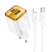 Адаптер Сетевой с кабелем Lightning/Type-C - Hoco N52, 1USB/USB-C/QC3.0/PD20W белый