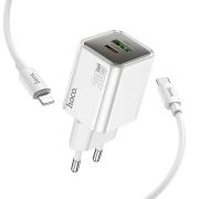 Адаптер Сетевой с кабелем Lightning/Type-C - Hoco N46, 1USB/USB-C/QC3.0/PD20W белый