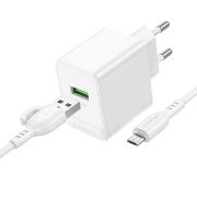 Адаптер Сетевой с кабелем Micro USB - Borofone BAS12A, 1USB/3A/QC3.0/18W белый