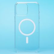 Чехол iPh 13 Pro Max пластик с лого и SafeMag прозрачный с белым
